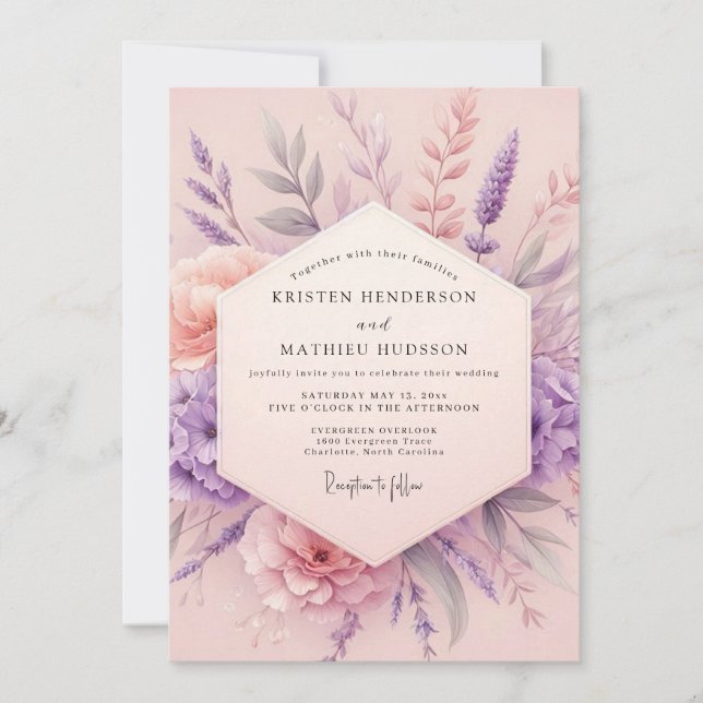 Invitation Mariage Romantique Botanique Lavande Blush (Devant)