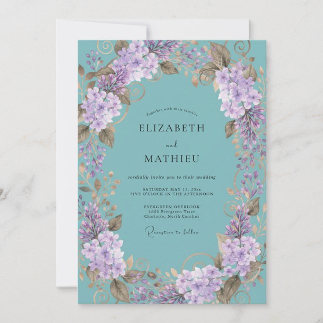 Invitation Mariage Romantique Botanique Lavande Sarcelle (Devant)