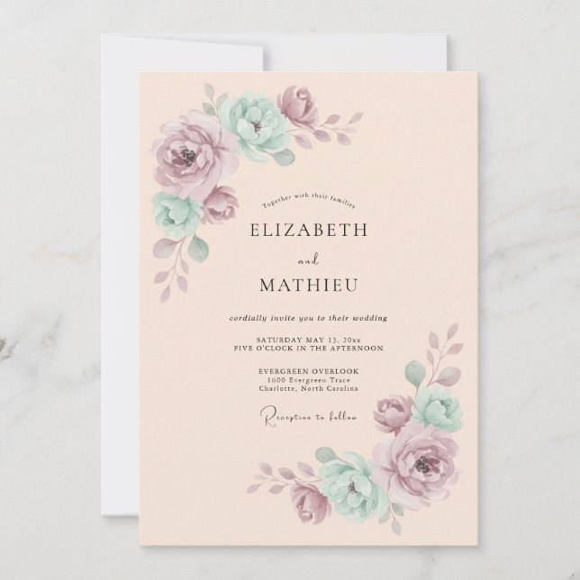 Invitation Mariage Romantique Botanique Menthe Mauve (Devant)
