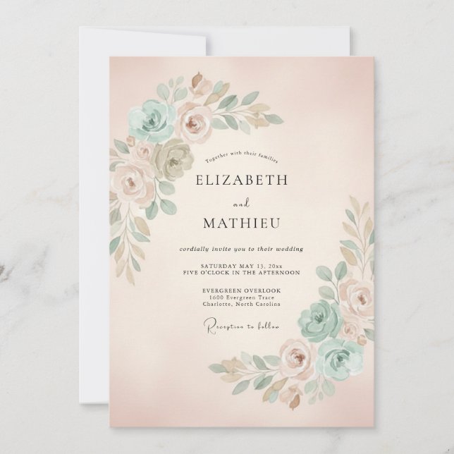 Invitation Mariage Romantique Botanique Menthe Rose (Devant)