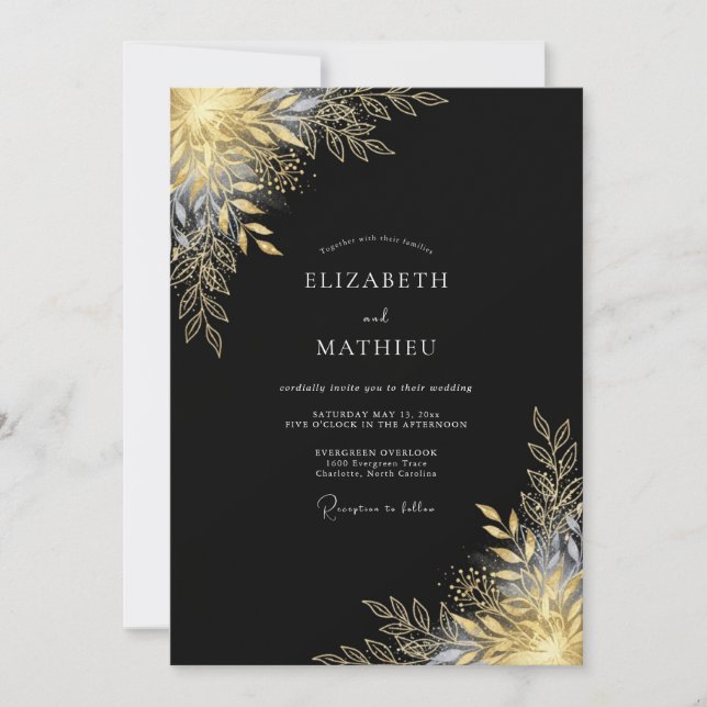 Invitation Mariage Romantique Botanique Métal Doré (Devant)