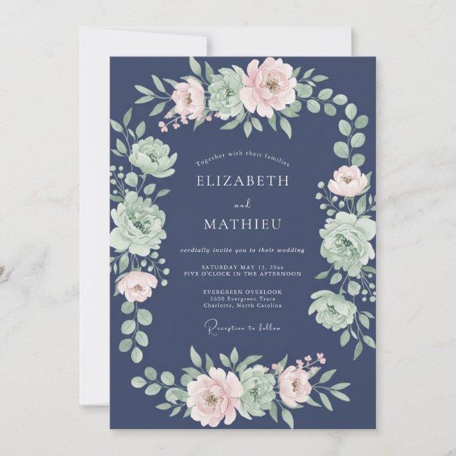 Invitation Mariage Romantique Botanique Navy Blush (Devant)