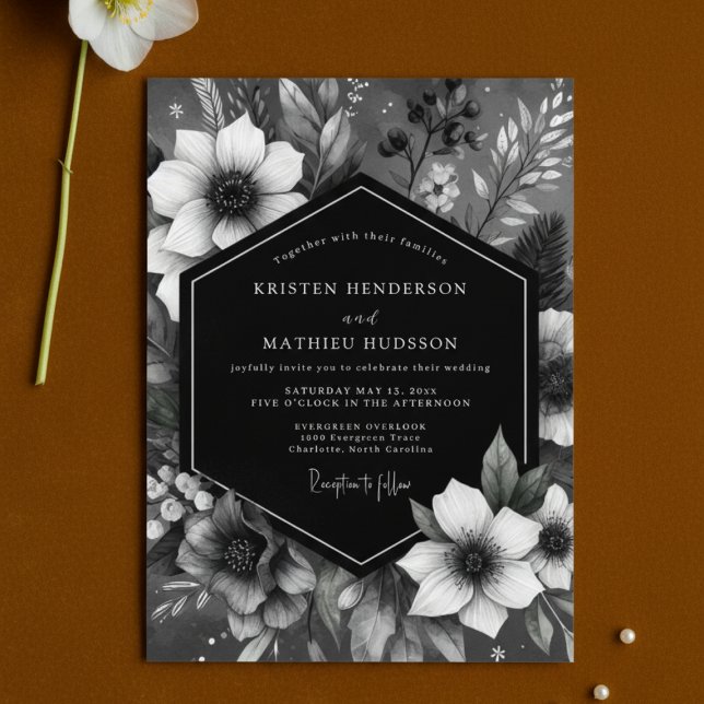 Invitation Mariage Romantique Botanique Noir (Créateur téléchargé)