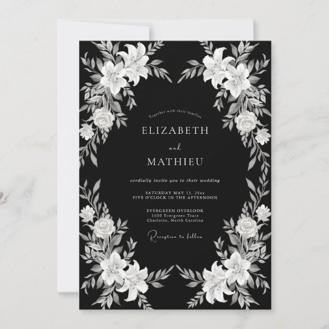 Invitation Mariage romantique botanique noir et blanc (Devant)