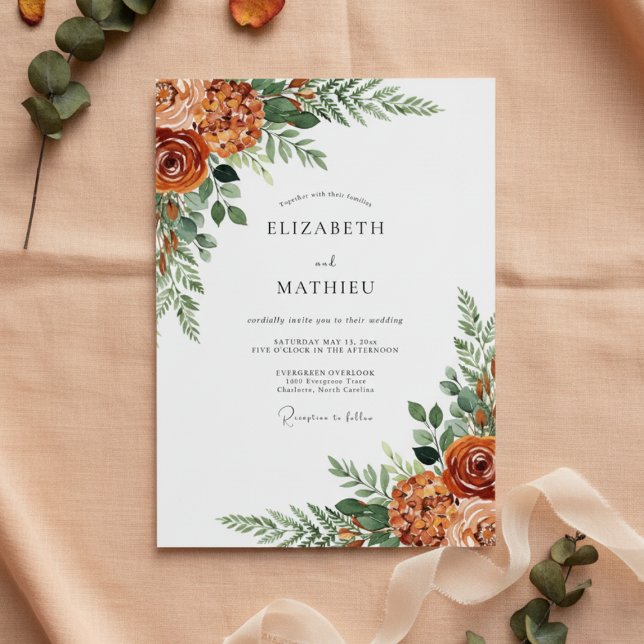 Invitation Mariage Romantique Botanique Orange Brûlé (Créateur téléchargé)