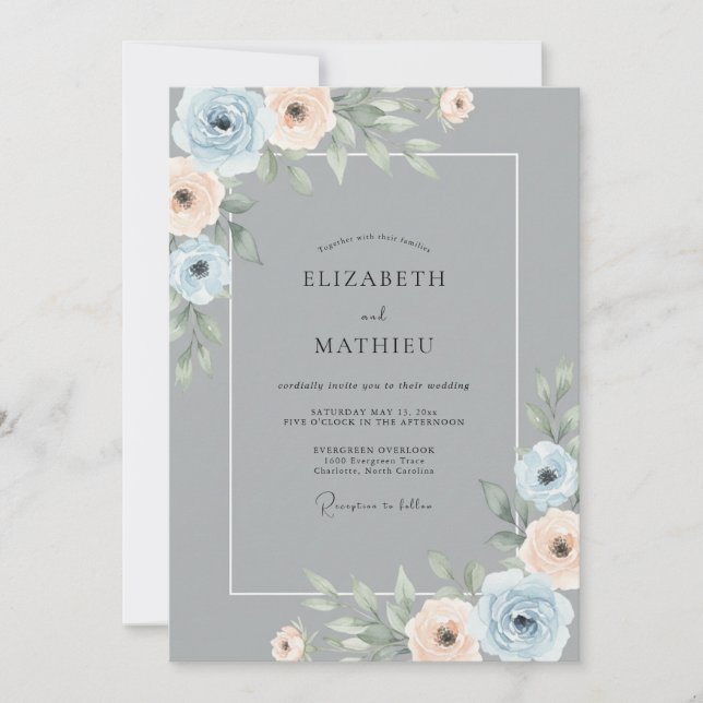 Invitation Mariage romantique botanique pêche bleue (Devant)