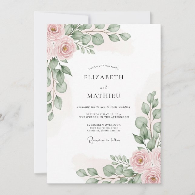 Invitation Mariage Romantique Botanique Rose (Devant)