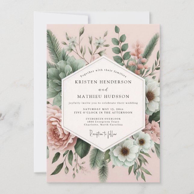 Invitation Mariage Romantique Botanique Rosé (Devant)
