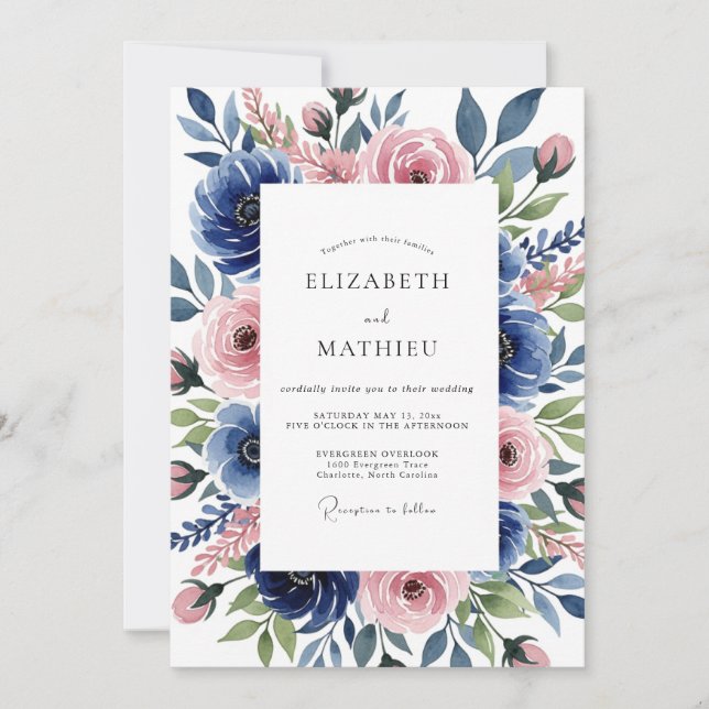 Invitation Mariage Romantique Botanique Rose Bleu (Devant)