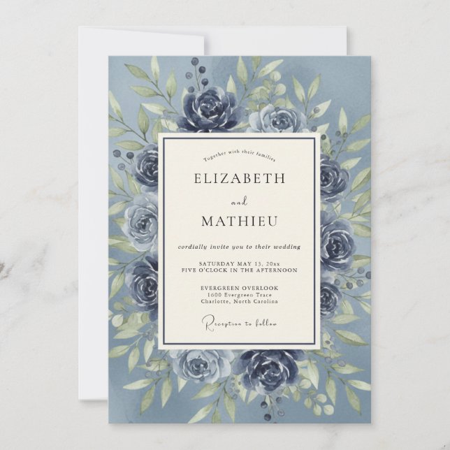 Invitation Mariage Romantique Botanique Rose Bleue (Devant)