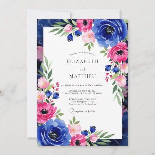Invitation Mariage romantique botanique rose cobalt