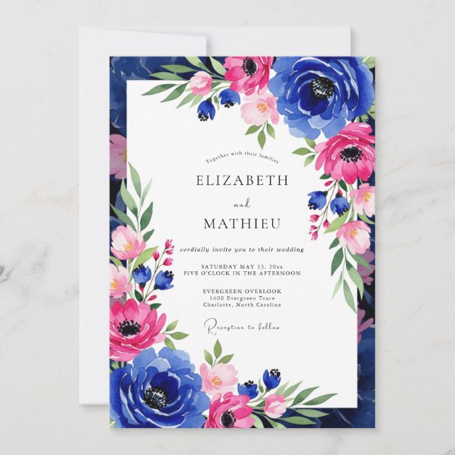 Invitation Mariage romantique botanique rose cobalt (Devant)