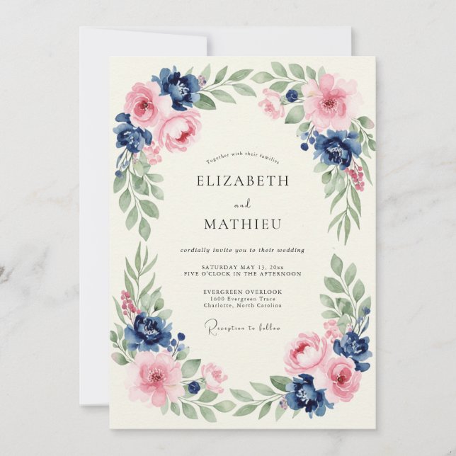 Invitation Mariage romantique botanique rose et marine (Devant)