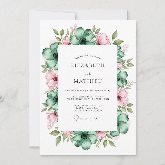 Invitation Mariage romantique botanique rose et sarcelle (Devant)