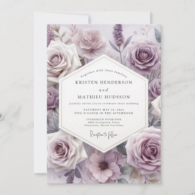 Invitation Mariage Romantique Botanique Rose Lavande (Devant)
