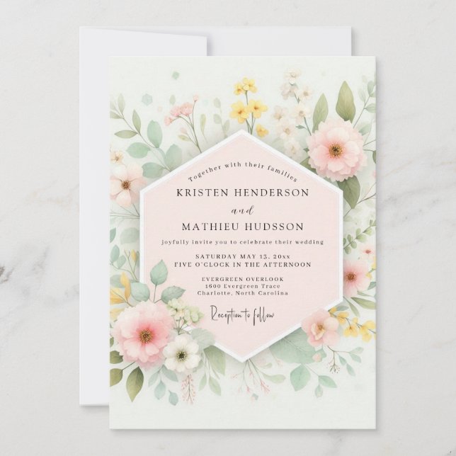 Invitation Mariage Romantique Botanique Rose Pâle (Devant)