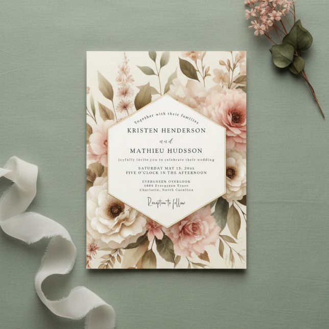 Invitation Mariage Romantique Botanique Rose Pâle (Créateur téléchargé)