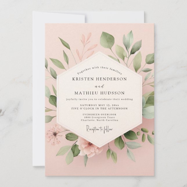 Invitation Mariage Romantique Botanique Rose Pâle (Devant)
