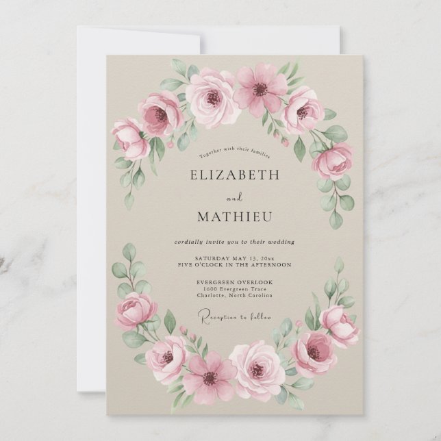 Invitation Mariage Romantique Botanique Rose Pâle (Devant)