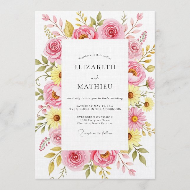 Invitation Mariage Romantique Botanique Rose Rose (Devant)