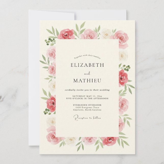 Invitation Mariage Romantique Botanique Rose Rose (Devant)