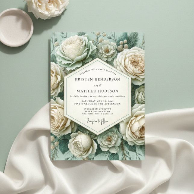 Invitation Mariage Romantique Botanique Rose Sarcelle (Créateur téléchargé)