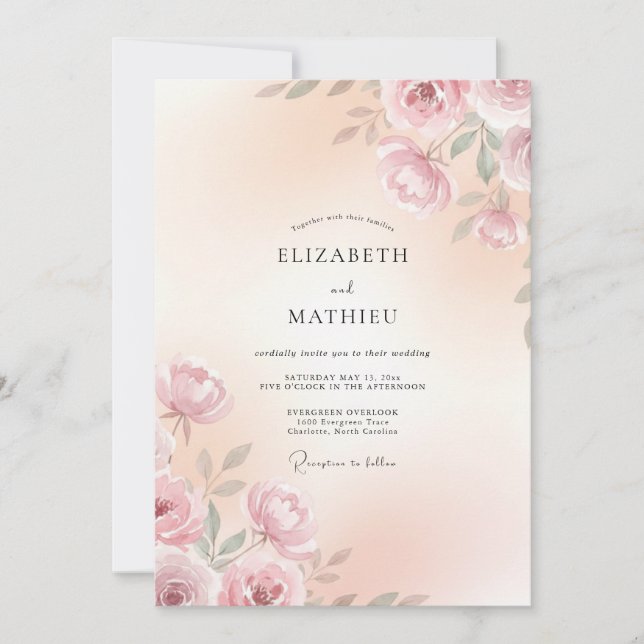 Invitation Mariage Romantique Botanique Rose Tendre (Devant)