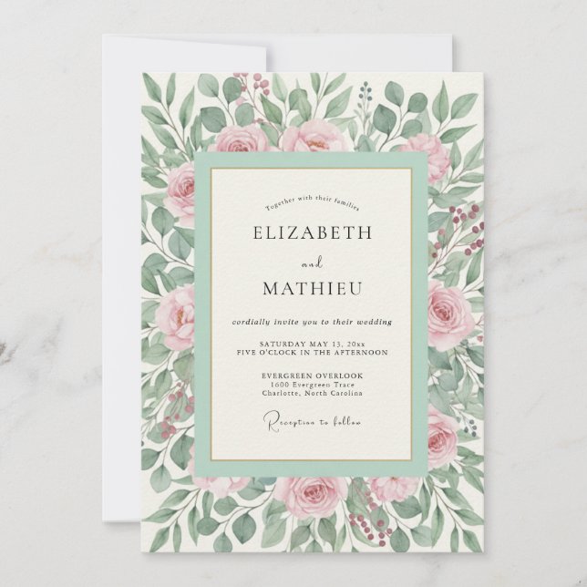 Invitation Mariage romantique botanique rose vert (Devant)