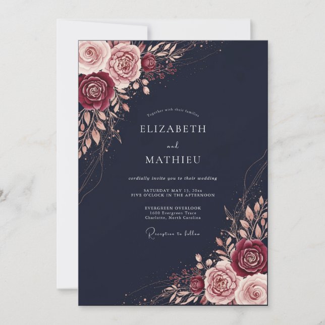 Invitation Mariage Romantique Botanique Rouge de Bourgogne (Devant)