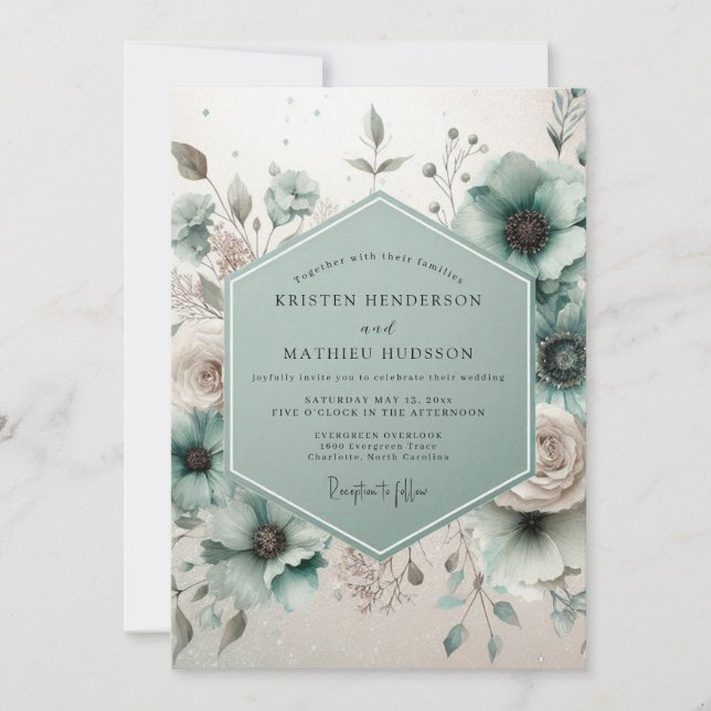 Invitation Mariage Romantique Botanique Sarcelle (Devant)