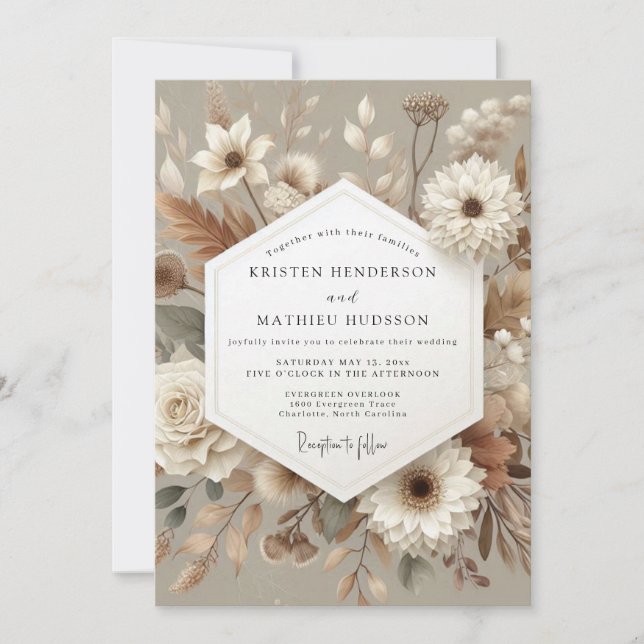 Invitation Mariage Romantique Botanique Taupe (Devant)