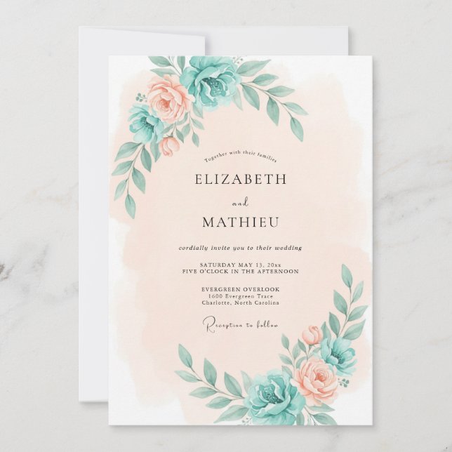 Invitation Mariage Romantique Botanique Teal Peach (Devant)