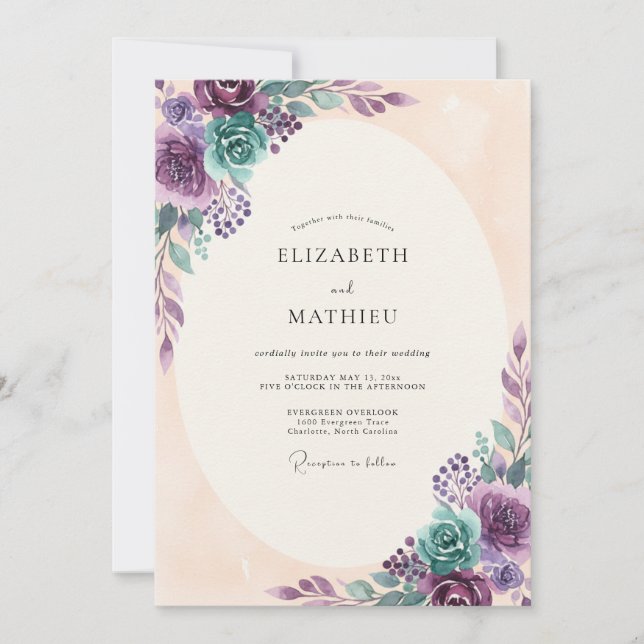 Invitation Mariage Romantique Botanique Teal Pourpre (Devant)