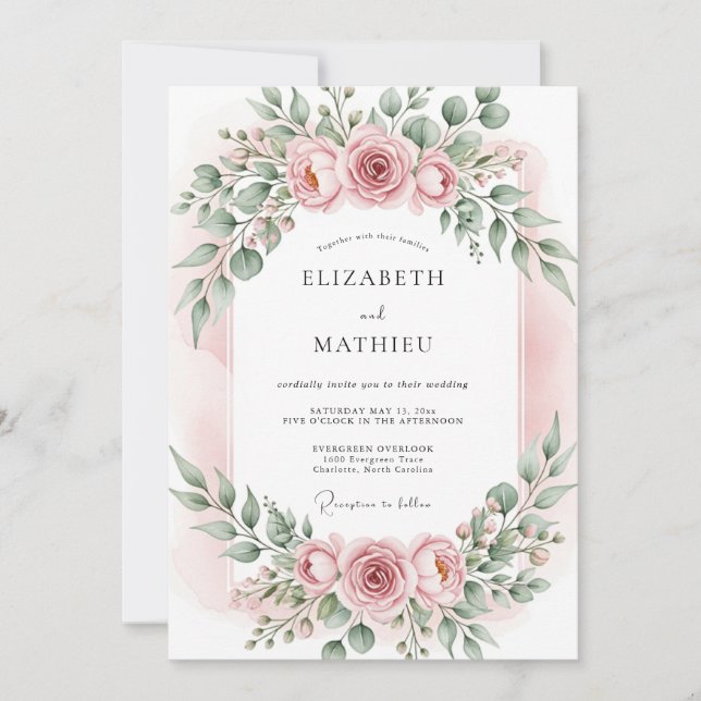 Invitation Mariage Romantique Botanique Teint Rose (Devant)