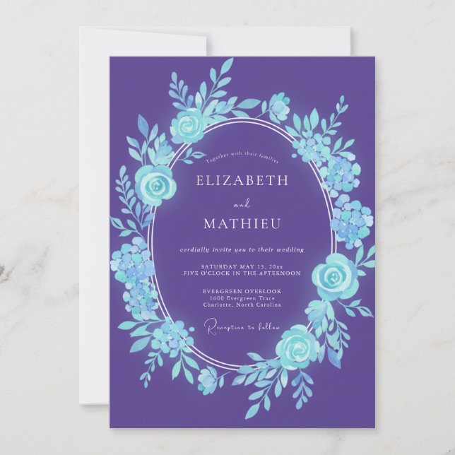 Invitation Mariage Romantique Botanique Turquoise Violet (Devant)