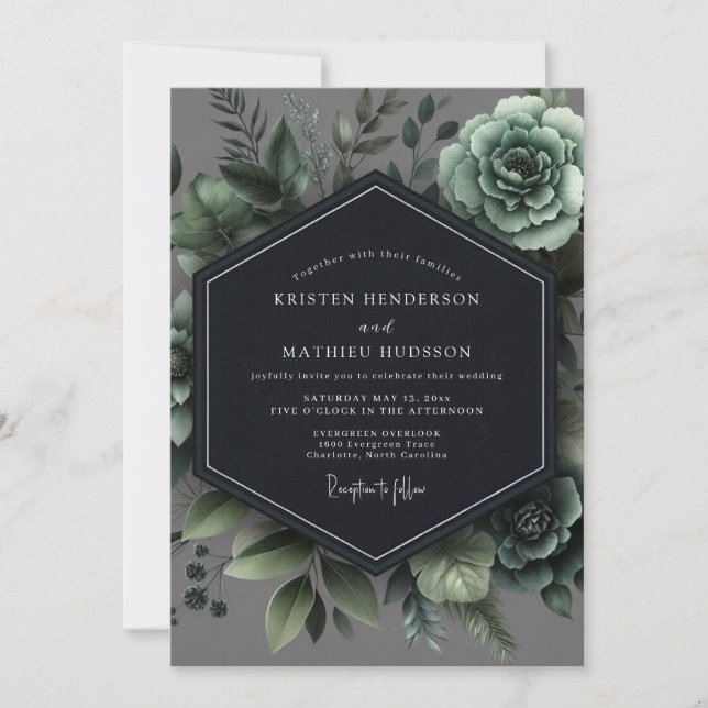 Invitation Mariage Romantique Botanique Vert Ardoise (Devant)