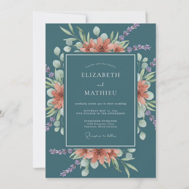 Invitation Mariage Romantique Botanique Vert Corail (Devant)