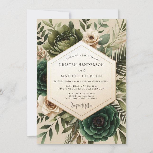 Invitation Mariage Romantique Botanique Vert Forêt (Devant)