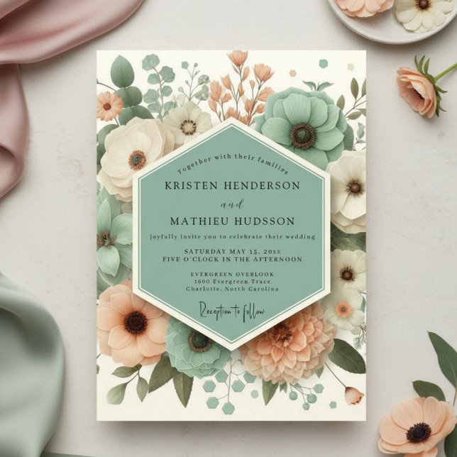 Invitation Mariage Romantique Botanique Vert Menthe (Créateur téléchargé)
