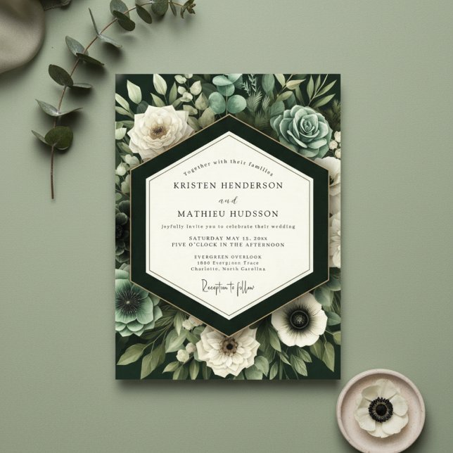 Invitation Mariage Romantique Botanique Vert Profond (Créateur téléchargé)