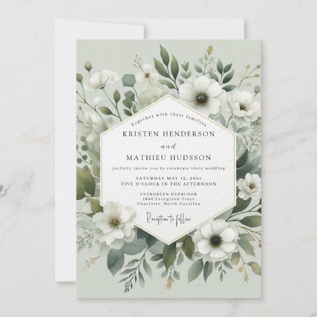 Invitation Mariage Romantique Botanique Vert Sauge (Devant)