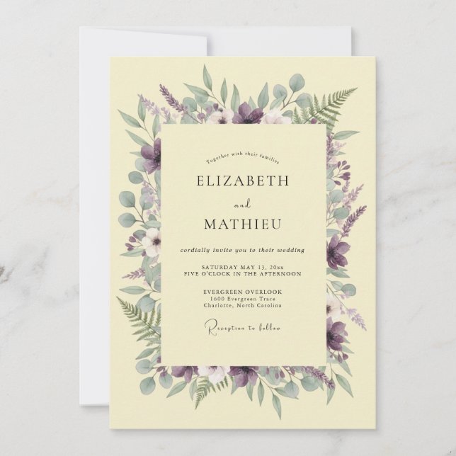 Invitation Mariage Romantique Botanique Violet (Devant)