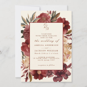 Invitation Mariage romantique Bourgogne rouge et c