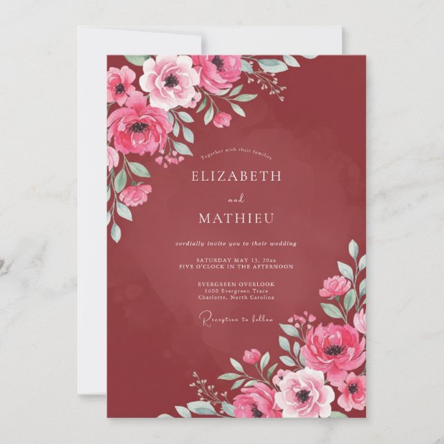 Invitation Mariage Romantique Bourguignon Brillants (Devant)