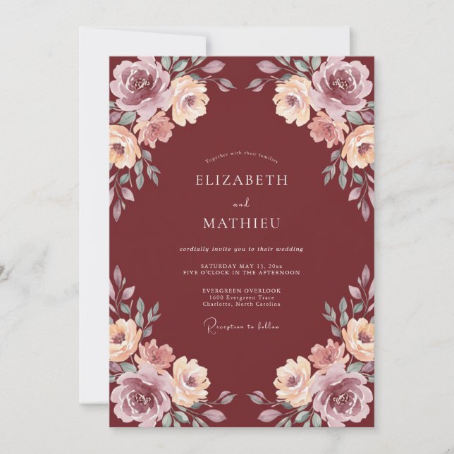 Invitation Mariage Romantique Bourguignon Fleurissant (Devant)