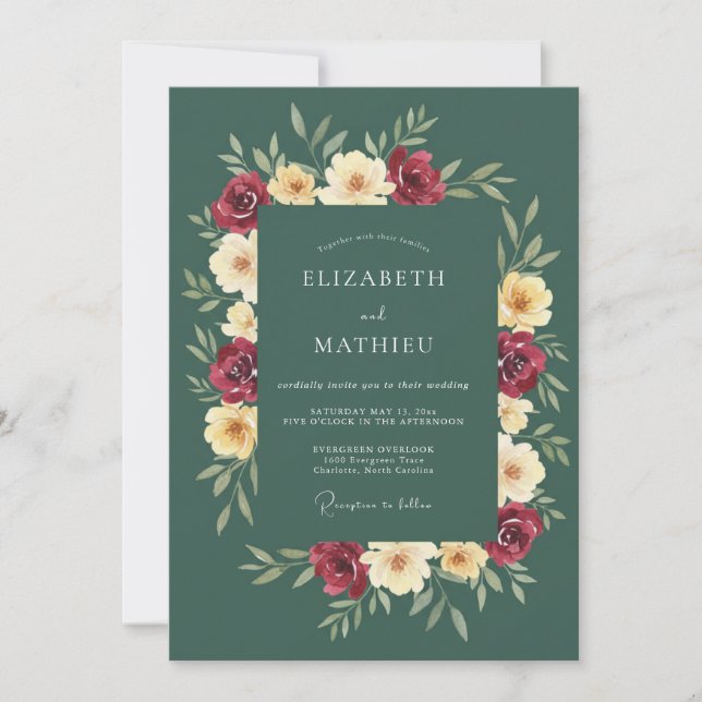 Invitation Mariage Romantique Bourguignon Floral (Devant)