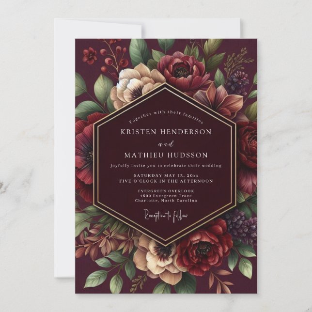 Invitation Mariage romantique Burgundy Bloom (Devant)