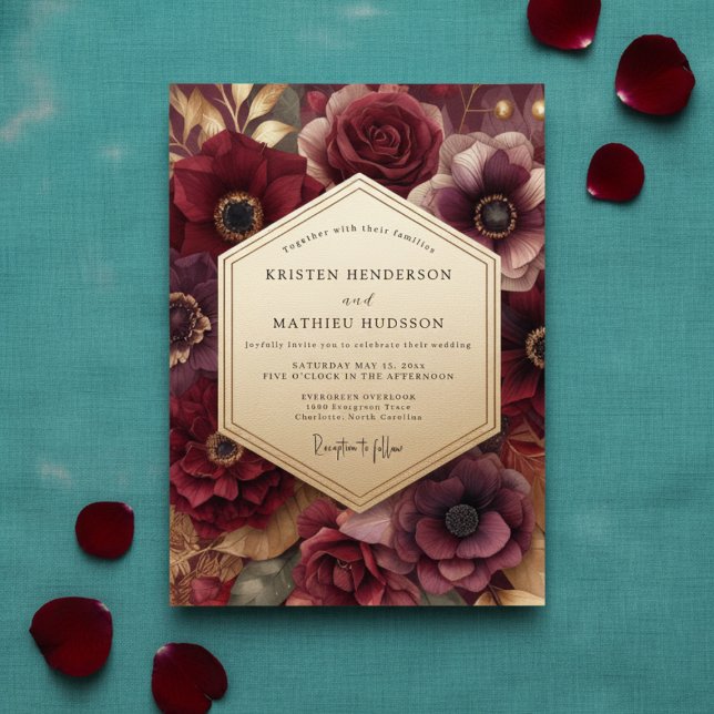 Invitation Mariage Romantique Burgundy Bloom (Créateur téléchargé)