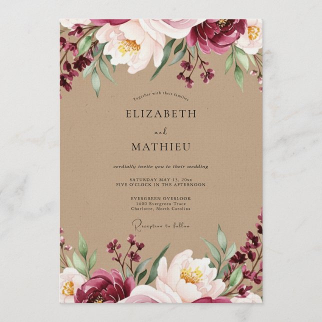 Invitation Mariage Romantique Burgundy Bloom (Devant)