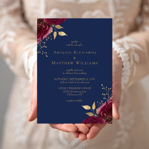 Invitation Mariage romantique burgundy or floral bleu marine